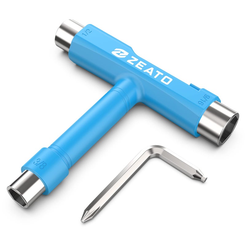 Zeato All-In-One Skate Tools Multi-function Portable Skateboard T Tool Accessory with T-type Allen Key and L-type Phillips Head Wrench Screwdriver - Blue - Image 1